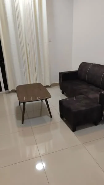 Living features: dark fabric 3-seater sofa, wooden coffee table, cream curtains, glossy ceramic tile flooring, white painted walls, floor-to-ceiling windows, neutral color scheme, modern design; style: modern.