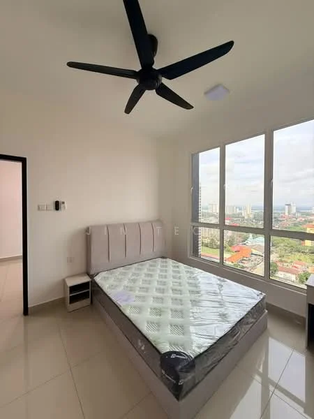 Bedroom features: queen-size bed, upholstered headboard, 2 bedside tables, floor-to-ceiling windows, city view, light-colored walls, glossy tile flooring, 5-blade ceiling fan with light, recessed ceiling light; style: modern; view: city.