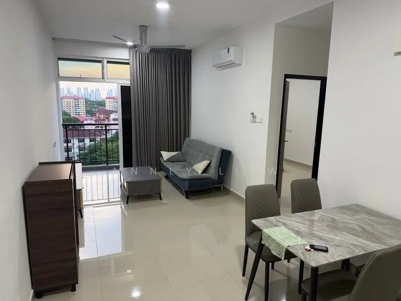 Living features: grey fabric sofa, coffee table, 4-seater dining table with marble top, grey upholstered dining chairs, floor-to-ceiling windows, curtains, wall-mounted split AC, light-colored tiled flooring, decorative wall, ceiling fan with light; style: modern; view: city.