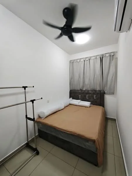 Bedroom features: queen-size bed with grey upholstered headboard, brown bedspread, 2 white pillows, 1 grey pillow, ceiling fan with 3 blades, wall-mounted split AC unit, light fixture in ceiling, curtains in light grey, tiled flooring, clothing rack, white painted walls; style: modern.