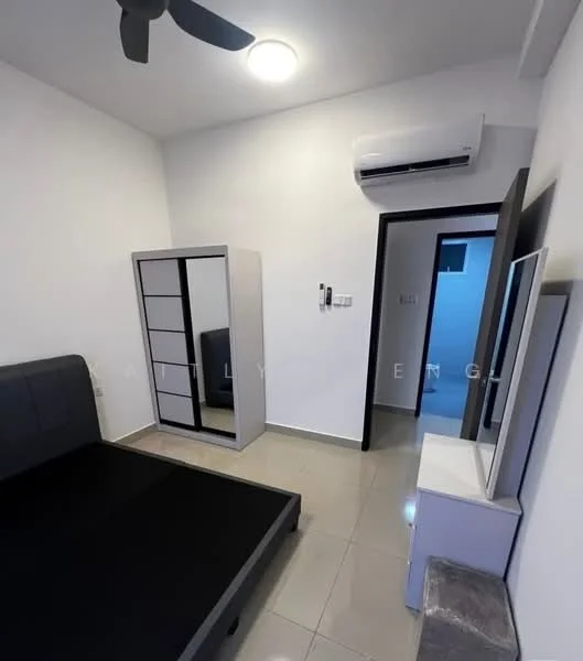 Bedroom features: queen-size bed, upholstered headboard, built-in wardrobe with mirrored doors, wall-mounted TV, ceiling fan, wall-mounted air conditioning unit, tile flooring, white painted walls, decorative mirror, study desk, sliding door to bathroom, light fixture; style: modern.