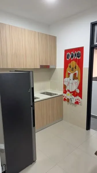 Kitchen features: wooden cabinetry, stainless-steel sink, chrome faucet, grey refrigerator, white tiled backsplash, cream tiled walls, light-colored floor tiles, countertop with integrated sink; style: modern.