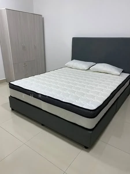 Bedroom features: queen-size bed with grey upholstered headboard, two white pillows, light-coloured bed linens, grey bed frame, light grey wardrobe with two doors, cream tiled flooring, white painted walls, no visible decor; style: modern.