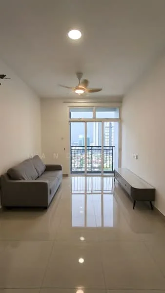 Living features: grey fabric sofa, wall-mounted TV console, large floor-to-ceiling windows, sliding glass door, white painted walls, glossy ceramic tile flooring, ceiling fan with light, natural light from windows, balcony view; style: modern; view: city.
