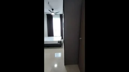 Room features: floor-to-ceiling windows, blackout curtains, 5-blade ceiling fan, light-colored walls, glossy tile flooring, double bed frame, mattress, door, neutral color scheme; style: modern.