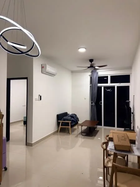 Living features: white painted walls, glossy tile flooring, 5-blade ceiling fan with light, recessed downlights, modern pendant light, floor-to-ceiling sliding glass door, curtains, sofa in dark color, wooden coffee table, TV console, decorative items on table; style: modern.