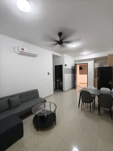 Living features: grey fabric sofa, black coffee table, 5-blade ceiling fan with light, wall-mounted split AC, glossy beige tile flooring, recessed ceiling lights, open layout, dining area with 4 grey upholstered chairs, black refrigerator, kitchen area visible in background; style: modern.