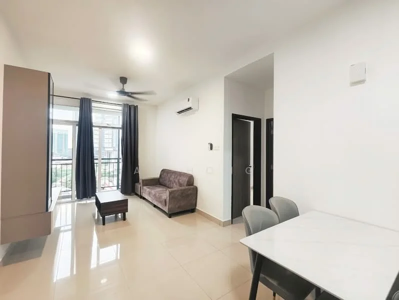 Living features: 3-seater fabric sofa in brown, coffee table, floor-to-ceiling windows, sliding glass door, blackout curtains, 5-blade ceiling fan, wall-mounted air conditioning unit, marble tile flooring, white painted walls, decorative wall panel, dining table with marble top, 2 upholstered dining chairs; style: modern; view: city.