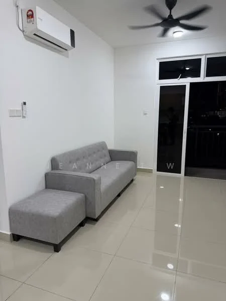 Living features: grey fabric sofa, single-seater ottoman, wall-mounted split AC, 5-blade ceiling fan with light, white painted walls, glossy tile flooring, floor-to-ceiling sliding glass door, natural light from window; style: modern.