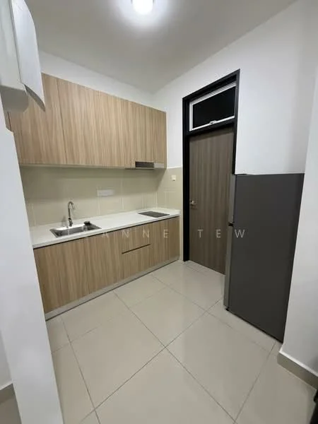 Kitchen features: light wood cabinetry, white countertop, single-bowl stainless-steel sink, chrome pull-down faucet, built-in refrigerator, ceramic tile flooring, white tiled backsplash, wall-mounted cabinet, window above sink, door leading to another room; style: modern.
