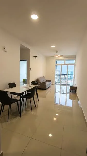 Living features: white painted walls, glossy tile flooring, 5-blade ceiling fan with light, sofa in grey fabric, dining table for 4 with black chairs, floor-to-ceiling windows, natural light from windows, view of city skyline; style: modern; view: city.
