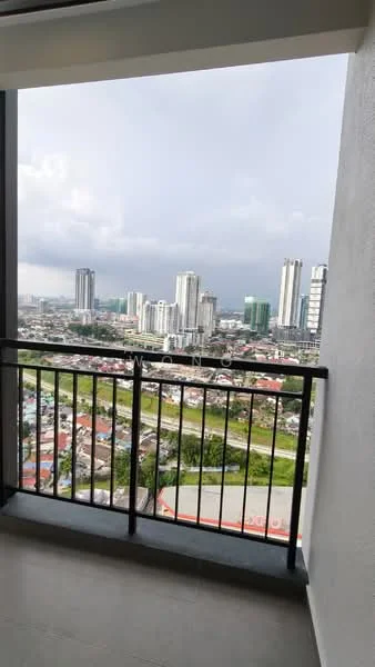 Room features: balcony with railing, city skyline view, grey tiled flooring, concrete walls, overcast sky; view: city.