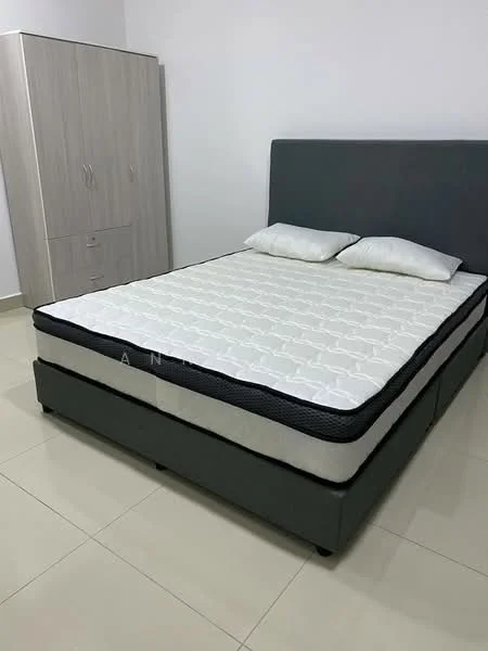 Bedroom features: king-size bed with upholstered headboard, two white pillows, light grey bed frame, cream mattress, light-coloured wardrobe with two doors, tile flooring, white painted walls, window with natural light; style: modern.