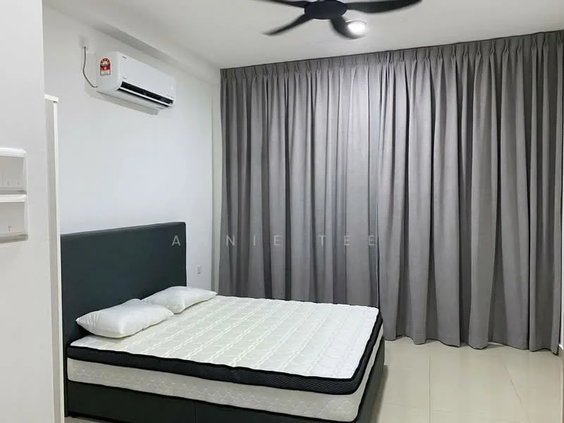 Bedroom features: queen-size bed, grey upholstered headboard, white bedding, 2 white pillows, light grey curtains, wall-mounted split AC, ceiling fan, cream tiled flooring, white painted walls; style: modern.