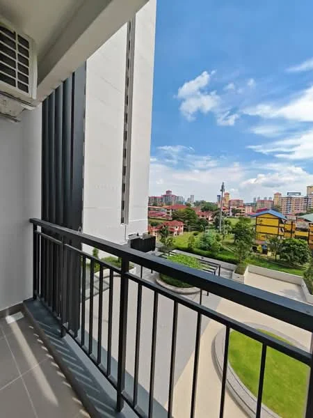 Room features: balcony with railing, floor-to-ceiling sliding glass door, air conditioning unit, grey tiled flooring, view of landscaped garden, view of city skyline, sunny weather, outdoor space; style: modern; view: garden.