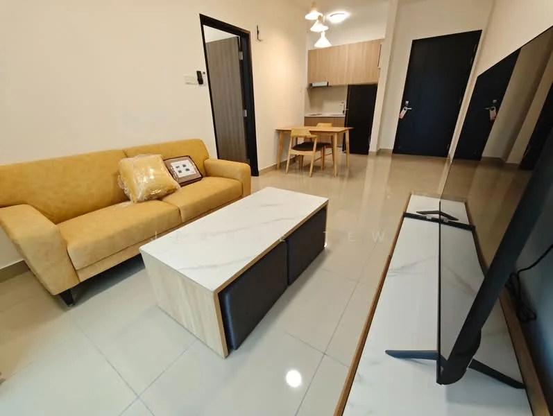 Living features: yellow fabric 3-seater sofa, marble-top coffee table, wooden TV console, wall-mounted TV, recessed downlights, glossy tile flooring, neutral painted walls, dining table with chairs in background, open layout, kitchen area visible in background; style: modern.