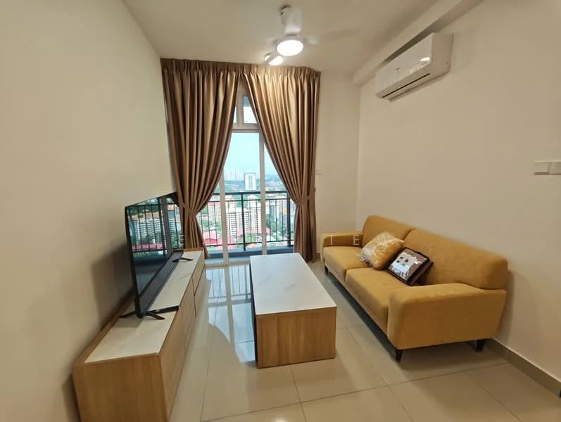 Living features: 3-seater fabric sofa in yellow, coffee table with white marble top, TV console with wooden finish, wall-mounted TV, floor-to-ceiling windows, sheer curtains, 5-blade ceiling fan with light, wall-mounted split AC, glossy tile flooring, decorative cushion on sofa, decorative artwork on wall; style: modern; view: city.