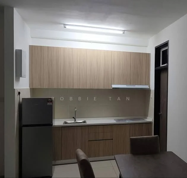 Kitchen features: light wood cabinetry, white countertop, single-bowl stainless-steel sink, chrome pull-down faucet, built-in range hood, stainless-steel fridge, tile backsplash, fluorescent ceiling light, dining table with chairs, neutral wall colour, ceramic tile flooring; style: modern.