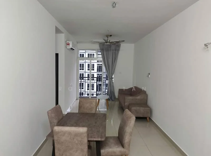 Living features: white painted walls, glossy tile flooring, 5-blade ceiling fan with light, floor-to-ceiling windows, sheer curtains, sofa in beige, dining table with 4 chairs, wall-mounted air conditioning unit; style: modern; view: city.