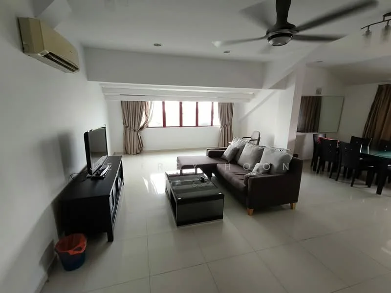 Living features: 3-seater leather sofa in brown, coffee table with glass top, wall-mounted TV, TV console in black, floor-to-ceiling windows, sheer curtains, recessed downlights, 1 wall-mounted split AC, white painted walls, polished ceramic tile flooring, ceiling fan with light; style: modern.