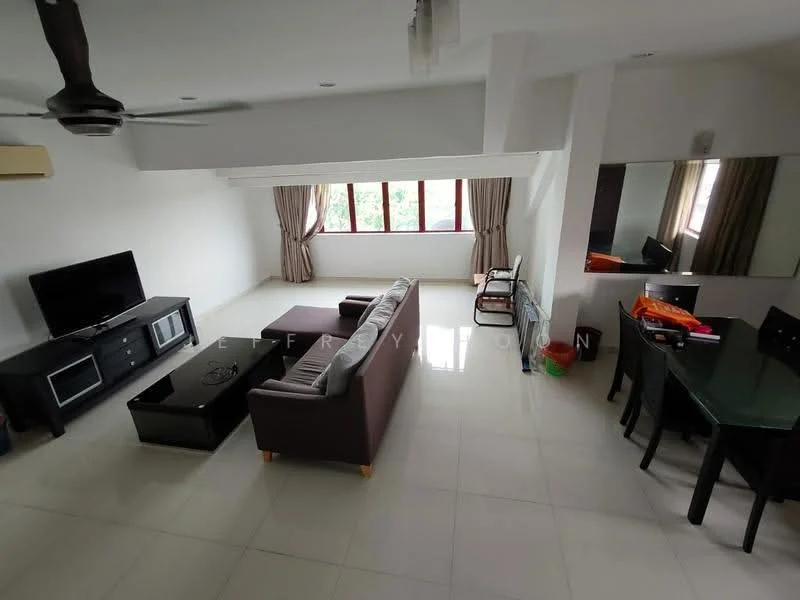 Living features: 3-seater fabric sofa in grey, 2-seater fabric sofa in brown, coffee table, TV console, wall-mounted TV, area rug, ceiling fan, floor-to-ceiling windows, curtains, dining table with chairs, mirror, light-colored tiled flooring, white painted walls; style: modern; view: garden.