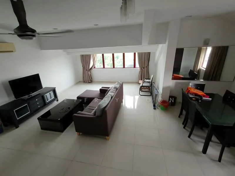 Living features: 3-seater fabric sofa in grey, 2-seater fabric sofa in brown, black coffee table, TV console, wall-mounted TV, floor-to-ceiling windows, curtains, ceiling fan, white painted walls, polished tile flooring, decorative mirror, dining table with black chairs; style: modern; view: garden.