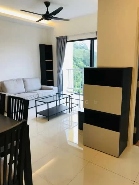 Living features: 3-seater fabric sofa in light grey, black coffee table, black shelving unit, floor-to-ceiling windows, curtains in light grey, ceiling fan, glossy tile flooring, neutral painted walls; style: modern; view: garden.