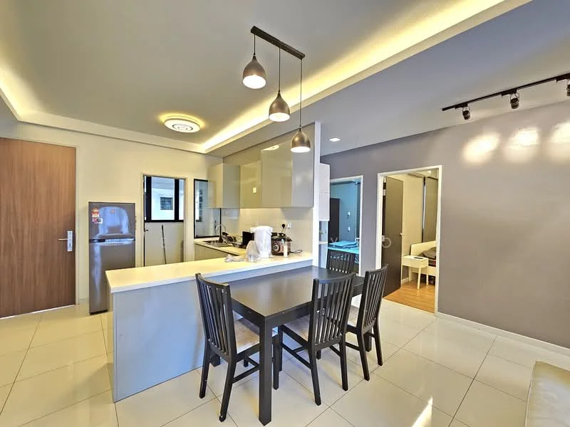 Kitchen features: white cabinetry, grey countertop, stainless-steel fridge, built-in oven, 4-burner gas hob, single-bowl stainless-steel sink, chrome pull-down faucet, pendant lighting, recessed downlights, tile flooring, open layout to dining area, window with view, dining table with black chairs; style: modern.