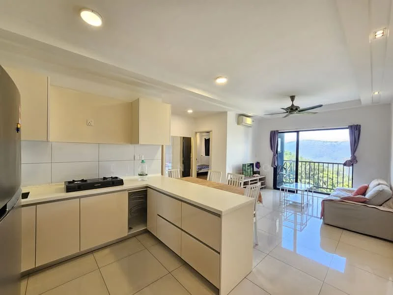 Kitchen features: white cabinetry, white countertop, stainless-steel gas hob, stainless-steel fridge, ceramic tile flooring, recessed downlights, single-bowl stainless-steel sink, chrome pull-down faucet; style: modern; view: city. Living features: floor-to-ceiling windows, sliding glass door, sofa with cushions, coffee table, TV console, ceiling fan, dining table with chairs; style: modern; view: mountain.