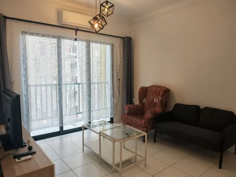 Living features: sofa in dark grey fabric, armchair in patterned upholstery, glass coffee table, TV console, wall-mounted TV, floor-to-ceiling sliding glass door, curtains in light grey, air conditioning unit on wall, white painted walls, tile flooring; style: modern; view: city.