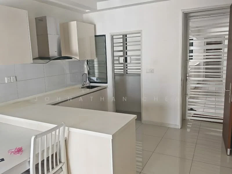 Kitchen features: white cabinetry, grey tiled backsplash, stainless-steel sink, chrome pull-down faucet, countertop with overhang for seating, built-in oven, freestanding range oven, refrigerator space, white walls, ceramic tile flooring, recessed downlights, window with sliding grille, open layout to dining area; style: modern. Room features: glass door, white walls, sliding grille, ceramic tile flooring.