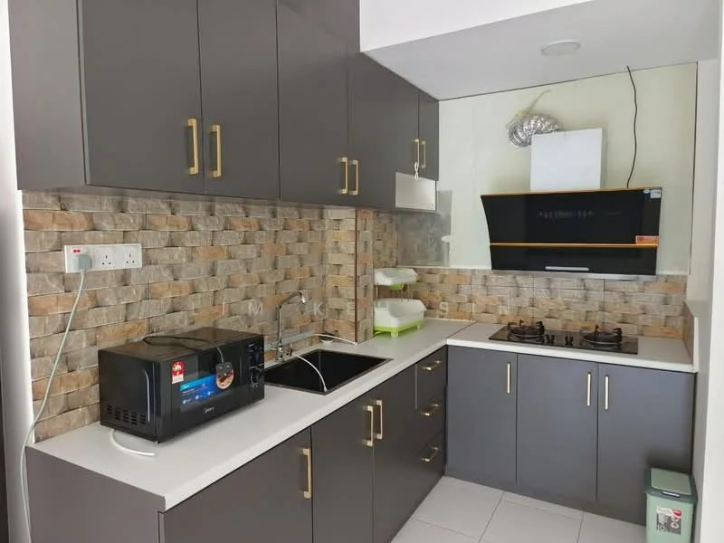 Kitchen features: grey flat-panel cabinets, white countertop, single-bowl stainless-steel sink, chrome pull-down faucet, built-in gas hob with 2 burners, black range hood, microwave, stone backsplash with mixed colors, wall-mounted shelf, tile flooring; style: modern.