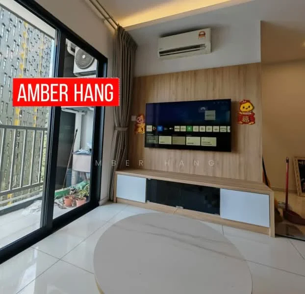 Living features: white walls, light wood feature wall, large wall-mounted TV, white TV console, marble floor tiles, floor-to-ceiling windows, curtains, wall-mounted air conditioning unit, decorative wall art, round coffee table; style: modern; view: city.