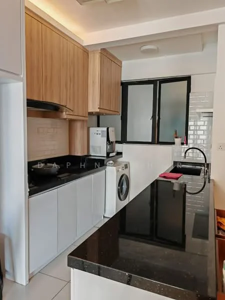 Kitchen features: black granite countertop, white cabinetry, wooden upper cabinets, stainless-steel sink, chrome pull-down faucet, built-in oven, microwave, front-load washing machine, ceramic tile flooring, white subway tile backsplash, recessed downlights, window with black frame; style: modern.