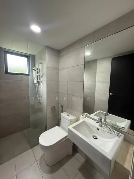 Bathroom features: grey tiled walls, white ceramic floor tiles, walk-in shower with glass enclosure, rain shower head, handheld shower, single-sink vanity with white cabinet, chrome basin mixer, framed mirror, one-piece toilet, toilet paper holder, LED ceiling light; style: modern.