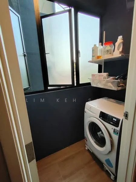 Laundry features: front-load washing machine, shelf with storage bins, dark blue painted walls, window with frosted glass, tile flooring, cleaning supplies on shelf.