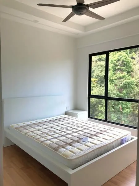 Bedroom features: queen-size bed, upholstered headboard, wooden flooring, 5-blade ceiling fan, large window with black frame, white painted walls, built-in bedside table, natural light from window, view of greenery; style: modern; view: garden.