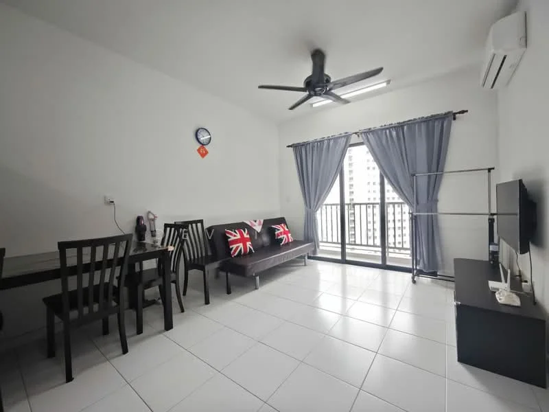 Living features: white painted walls, ceramic tile flooring, 5-blade ceiling fan with light, floor-to-ceiling sliding glass door, grey curtains, black TV console, wall-mounted TV, sofa with Union Jack cushions, dining table with four chairs, clock on wall; style: modern; view: city.