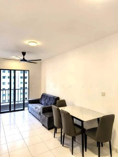 Living features: grey fabric sofa, 4-seater dining table, upholstered dining chairs, white tiled flooring, ceiling fan, recessed ceiling lights, floor-to-ceiling windows, balcony access; style: modern.