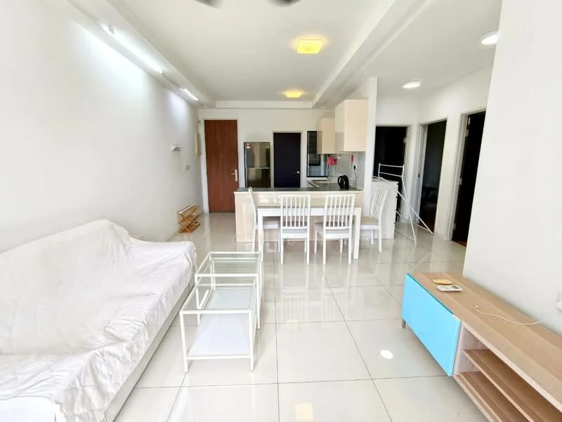 Living features: white fabric sofa, glass coffee table, dining table with white chairs, white tiled flooring, recessed ceiling lights, ceiling fan, wall-mounted TV console, open layout, large windows, neutral wall color; style: modern.