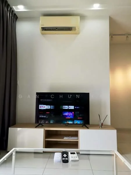 Living features: wall-mounted TV, TV console in light wood, white cabinetry, floor-to-ceiling curtains in dark grey, recessed LED downlights, 1 wall-mounted split AC, white painted walls, glossy tile flooring; style: modern.