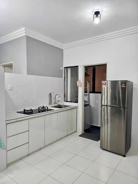 Kitchen features: white cabinetry with flat-panel doors, stainless-steel fridge, double-burner gas hob, single-bowl stainless-steel sink, chrome pull-down faucet, white tiled backsplash, white tiled flooring, recessed ceiling lights, window for natural light, crown moulding on ceiling; style: modern.