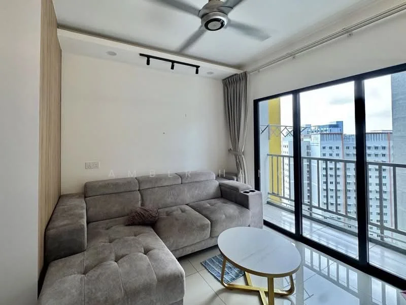 Living features: grey fabric sectional sofa, coffee table with white top and gold legs, floor-to-ceiling windows, curtains, ceiling fan with light, white walls, tile flooring, balcony view; style: modern; view: city.