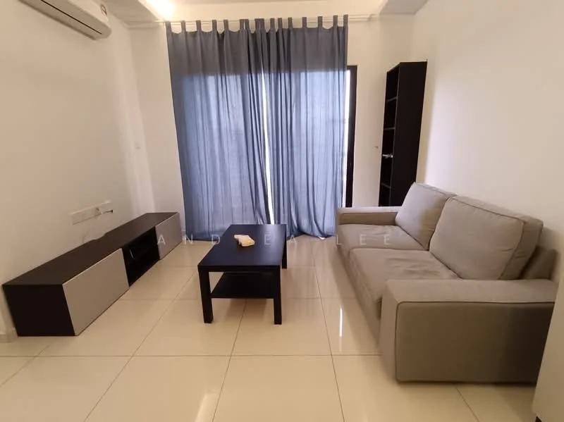 Living features: grey fabric sofa, black coffee table, TV console in black and white, floor-to-ceiling windows, sheer curtains in grey, white painted walls, glossy white tile flooring, wall-mounted split AC; style: modern.