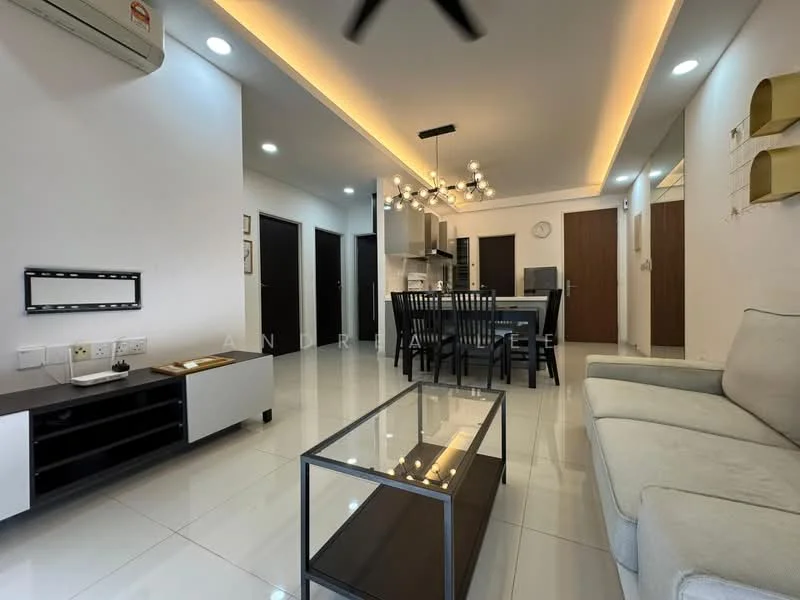 Living features: white painted walls, glossy tile flooring, recessed downlights, 5-blade ceiling fan, sofa in light grey fabric, glass coffee table, TV console in white and black, dining table with chairs, open kitchen layout, kitchen cabinetry in silver, stainless-steel appliances, wall clock, decorative wall art; style: modern.