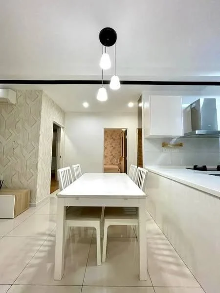 Dining features: white dining table, 4 white dining chairs, pendant light fixture with three bulbs, cream tiled flooring, white cabinetry, kitchen countertop, wall with geometric pattern, open doorway leading to another room, air conditioning unit on wall; style: modern.