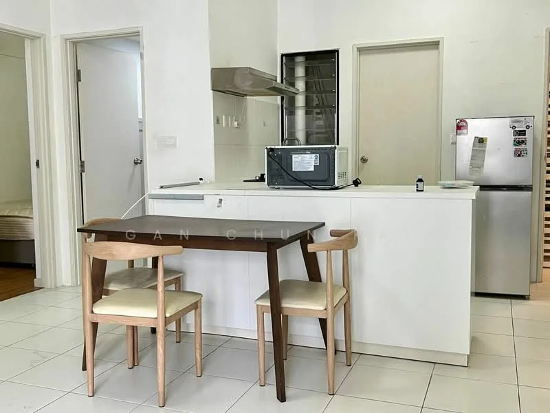 Kitchen features: white cabinetry, stainless-steel fridge, built-in oven, ceramic tile flooring, white countertop, single-bowl stainless-steel sink, chrome pull-down faucet, open layout, dining table with 2 chairs, extraction hood, microwave, wall-mounted cabinets; style: modern.