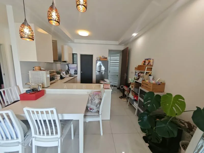 Kitchen features: white cabinetry, marble countertop, stainless-steel appliances, built-in oven, freestanding fridge, 4-burner gas hob, pendant lighting, dining table with 6 white chairs, tile flooring, greenery in pot, open shelving, kitchen island, wall-mounted cabinets; style: modern.