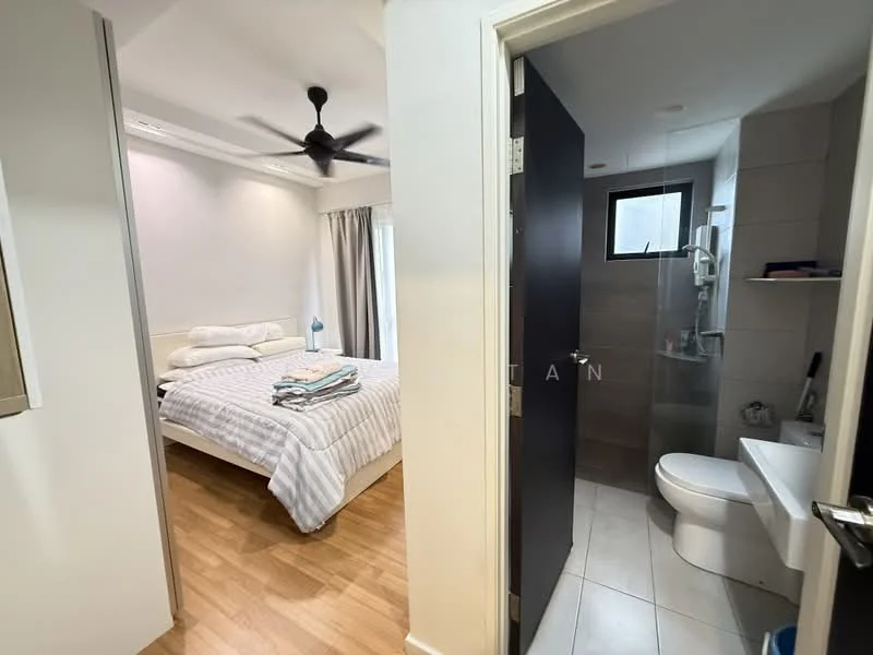 Bedroom features: queen-size bed with white bedding, light grey striped bedspread, 2 bedside lamps, wooden flooring, ceiling fan, floor-to-ceiling window with sheer curtains, decorative wall art, built-in wardrobe; style: modern. Bathroom features: one-piece toilet, shower with glass enclosure, wall-mounted showerhead, tile flooring, tile cladding on walls, sink with vanity, mirror above sink; style: modern.