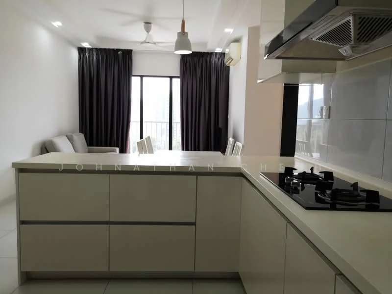 Kitchen features: white cabinetry, island countertop, stainless-steel gas hob, exhaust hood, white tiled backsplash, recessed downlights, floor-to-ceiling windows, grey curtains, open-plan layout, ceramic tile flooring; style: modern; view: city. Living features: sofa, dining table with chairs, floor-to-ceiling windows, grey curtains, recessed downlights, ceramic tile flooring; style: modern; view: city.